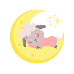 Illustration of a cute cartoon sheep sleeping on the moon. Baby animals are sleeping.