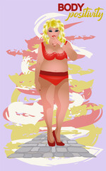 Body positivity  plus size XXXL woman in bikini, vector illustration