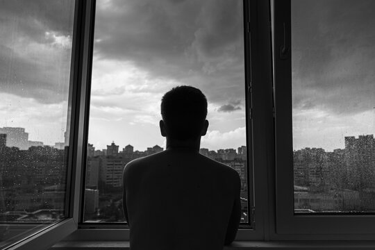A silhouette of a young teenage guy, standing in front of an open window and enjoying the freshness of rainy summer weather outside. The modern urban landscape under stormy clouds behind the window.