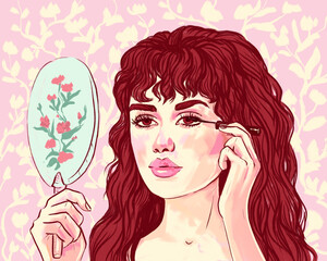 illustration of a beautiful dark-haired woman with a mirror in her hands that paints her eyelashes with mascara. pink background, floral ornament