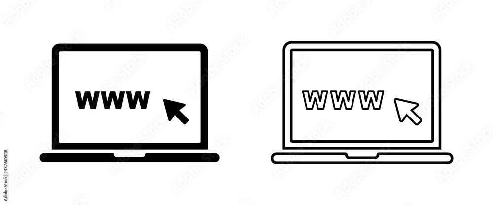 Poster click and www search in laptop vector icon. concept of using a personal computer. vector illustratio