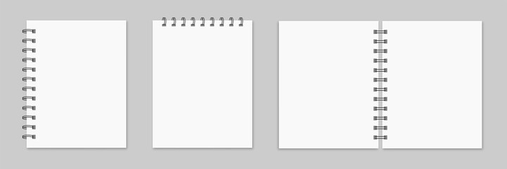 Notebook mockup. Collection of various white papers for your text. Blank pages of a notebook with margins isolated on gray background. Realistic square vector illustration.