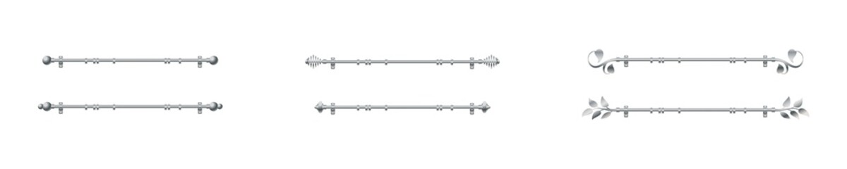 Vector illustration cornice for curtains isolated on white background. Set of realistic metal curtain rods and accessories icons in flat cartoon style. New curtain pole with rings for interior design. © NiRain