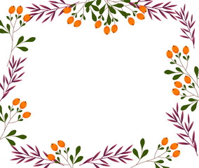 Rectangular frame template with branches of leaves and orange berries. Nature theme. Vector illustration isolated on white background. For use in postcards, invitations and decoration of various goods