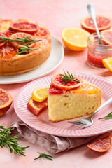 Blood orange upside down cake or pie  on a plate. Slice of fruit citrus cake. Selective Focus