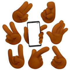 Victory, hard rock sign and other gestures collection. Dark skin hands. 3d cartoon style.