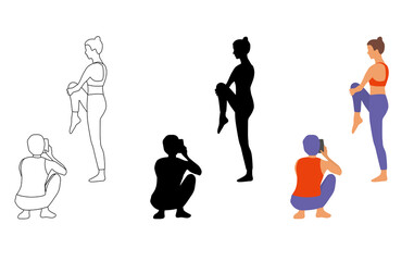 Woman sitting in yoga pose, meditation, photo shoot, silhouette, sketch and cartoon style design in different colors, vector illustration, isolated on white 