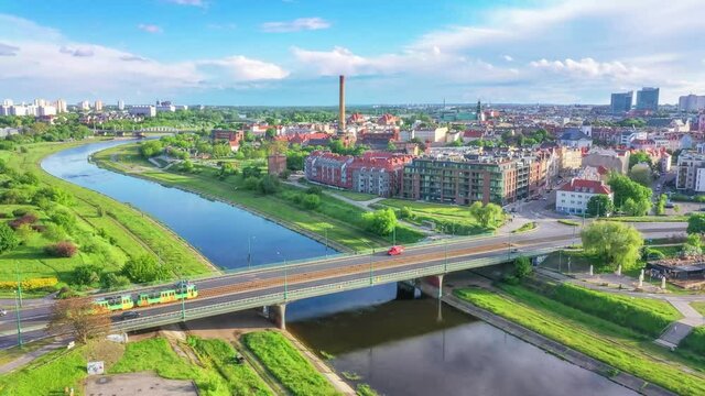 Poznan, Poland. Aerial view of Most Boleslawa Chrobrego bridge
