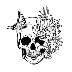 Skull with flowers and butterfly. Sketch. Vector illustration.