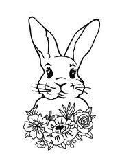 Rabbit with flowers. Cute bunny. Easter concept.
