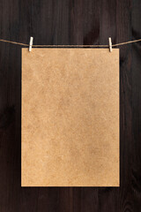 Craft cardboard hanging with clothespins on rope. Place for your text. Copy space, mockup. Vertical frame