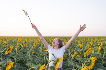 Happy woman walks through field of sunflowers. Hands raised up
