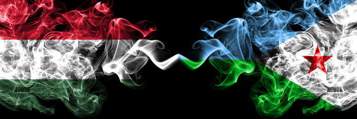 Hungary, Hungarian vs Djibouti, Djiboutian smoky flags side by side.