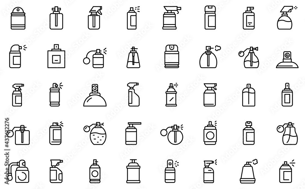 Aufkleber spray bottle icons set. outline set of spray bottle vector icons for web design isolated on white ba