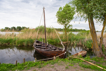 The long ship is for the Vikings. Boat Drakkar. Viking transport ship. Historical reconstruction.