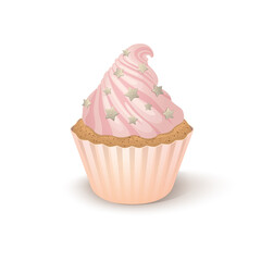 Vector illustration cupcake with pink whipped cream on white background. Isolated clipart with one sweet cake