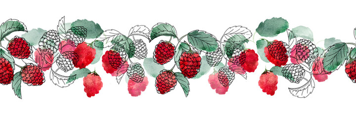 Watercolor seamless border with bright berries and raspberry sprigs on a white background. Botanical illustration for postcards, clothing, packaging, decoration.