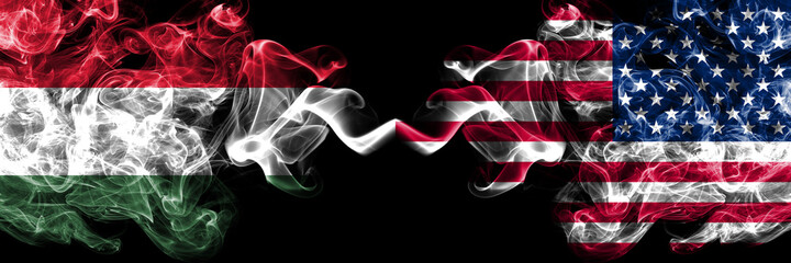 Hungary, Hungarian vs United States of America, America, US, USA, American smoky flags side by side.