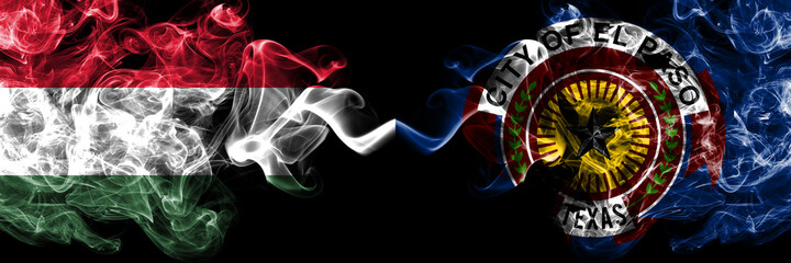 Hungary, Hungarian vs United States of America, America, US, USA, American, El Paso, Texas smoky flags side by side.