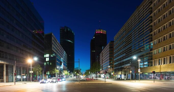 Night to day time lapse of central Berlin skyline (Potsdamer Platz), busy morning traffic