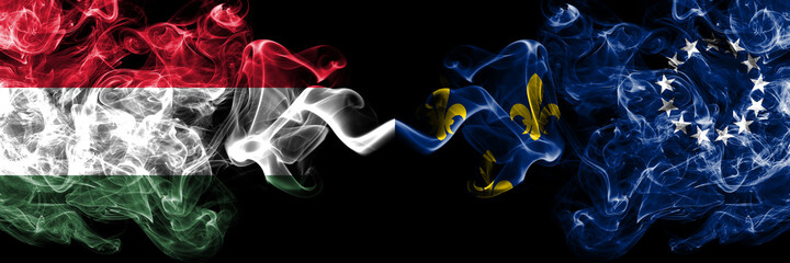 Hungary, Hungarian vs United States of America, America, US, USA, American, Louisville, Kentucky smoky flags side by side.