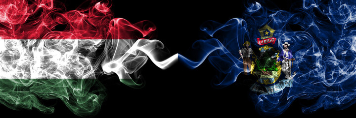 Hungary, Hungarian vs United States of America, America, US, USA, American, Maine smoky flags side by side.