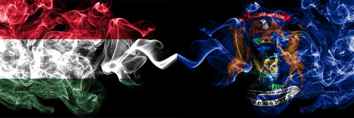 Hungary, Hungarian vs United States of America, America, US, USA, American, Michigan smoky flags side by side.