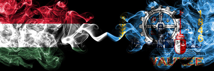 Hungary, Hungarian vs United States of America, America, US, USA, American, Milwaukee, Wisconsin smoky flags side by side.