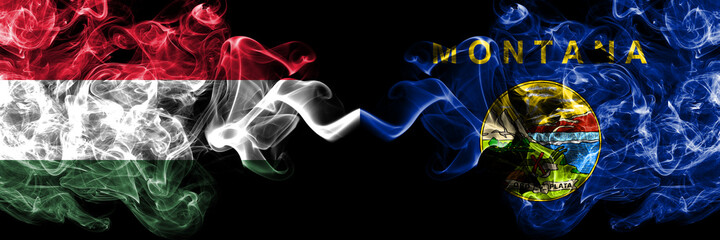 Hungary, Hungarian vs United States of America, America, US, USA, American, Montana smoky flags side by side.