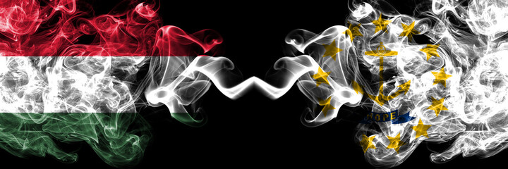 Hungary, Hungarian vs United States of America, America, US, USA, American, Rhode Island smoky flags side by side.