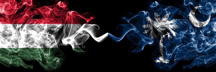 Hungary, Hungarian vs United States of America, America, US, USA, American, South Carolina smoky flags side by side.