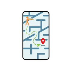 An image of a telephone city map on a smartphone with a courier carrying a box pizza.