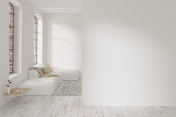 Large white loft interior with blank mockup wall, wooden floor, large arched windows, wooden coffee table, white sofa with beige pillows, and a blanket in the background. Front view. 3d render