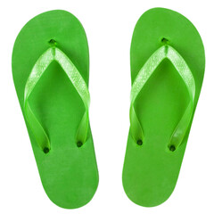 green rubber beach flip flops on a white background, isolate, view from above