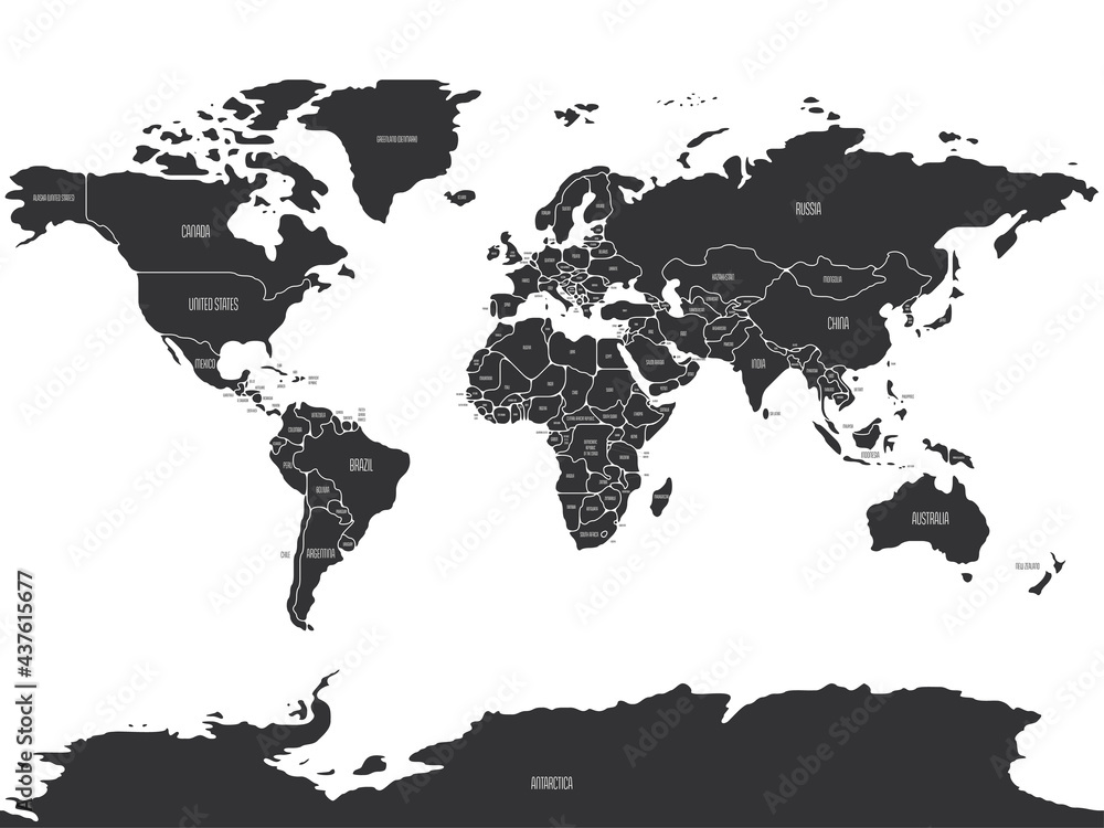 Poster simplified schematic map of world. political map of countries with name labels. generalized and smoo