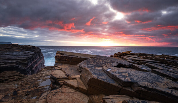 Sunset and cliffs at Yesnaby, Orkney