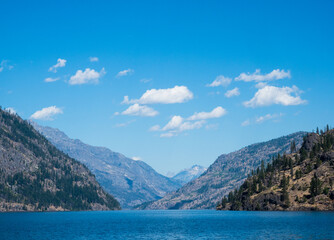Scenic landscape of the northern end of Lake Chelan on a sunny day - Washington state, USA