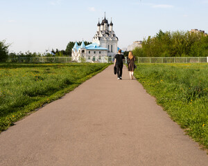 Road to Christian church, people go to church