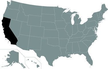 Black highlighted location map of the US Federal State of California inside gray map of the United States of America