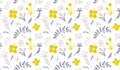 Seamless pattern with flowers and leaves. Rustic background. Floral wallpaper. Hand-drawn vector stock illustration. Doodle style.