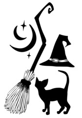 Magic witch set. Moon, black cat, witch hat and witch's broom.  Handdrawn stock vector illustration. Retro style ink sketch.