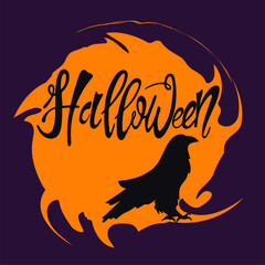 Mysterious Halloween logo with crow. Handdrawn stock vector illustration. Retro style ink sketch.