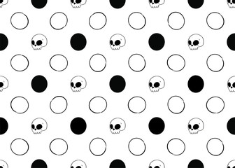 Seamless pattern. Polka dot with funny sculls. Handdrawn stock vector illustration. Retro style ink sketch.
