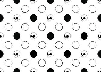 Seamless pattern. Polka dot with funny sculls. Handdrawn stock vector illustration. Retro style ink sketch.