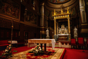 Decorative interior of Church, Basilica of St. Wenceslas, ornamented baroque main altar, marble...
