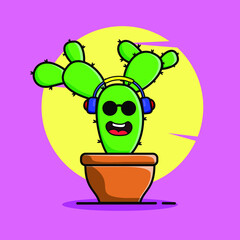 Vector cartoon illustrations of green cactus with happy and listening to music emotions. Funny emotions character collection for kids. Fantasy characters. 