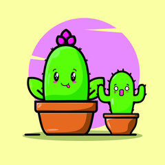 Two Vector cartoon illustrations of green cactus with shocked expression  emotions. Funny emotions character collection for kids. Fantasy characters. 