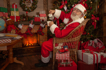 Festive interior inside wooden house, New Year's cheerful mood Spirit of Christmas
