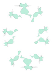 Frames of stylized cats on a white sheet of A4 format, surreal, graphics.