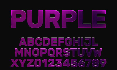 Alphabet letter set and numbers, purple metallic, bold typeface, glossy metal abc, 3D rendering, creative uppercase font design for logos, poster, banner